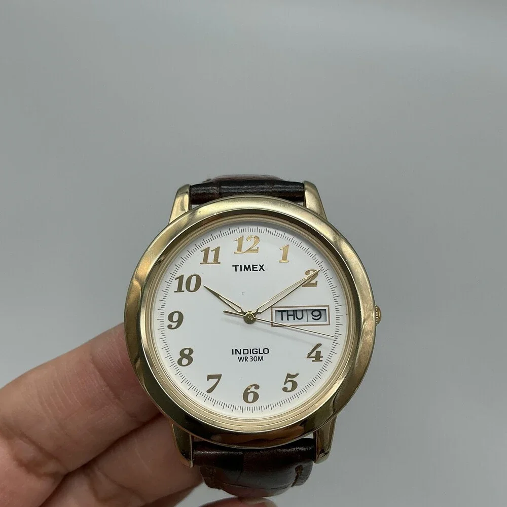 Vintage Timex Indiglo Mens Watch 37mm White Dial Brown Leather Quartz Day Date